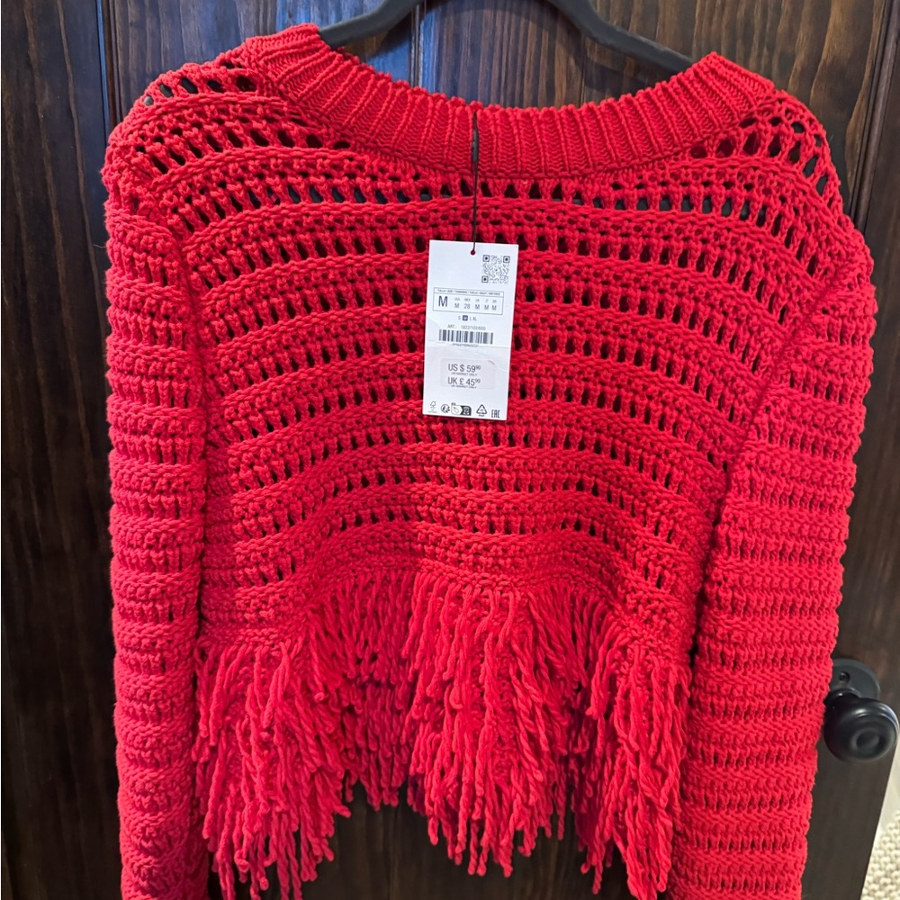 Zara Vibrant Red Fringed Sweater - Picture 3 of 4